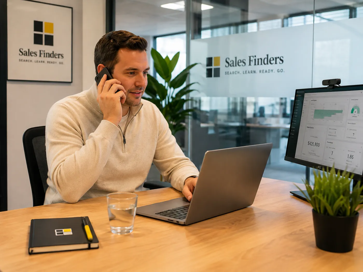 Een accountmanager voert een telefoongesprek achter zijn bureau, met op het scherm naast hem een verkoopdashboard met pijplijn en omzet.