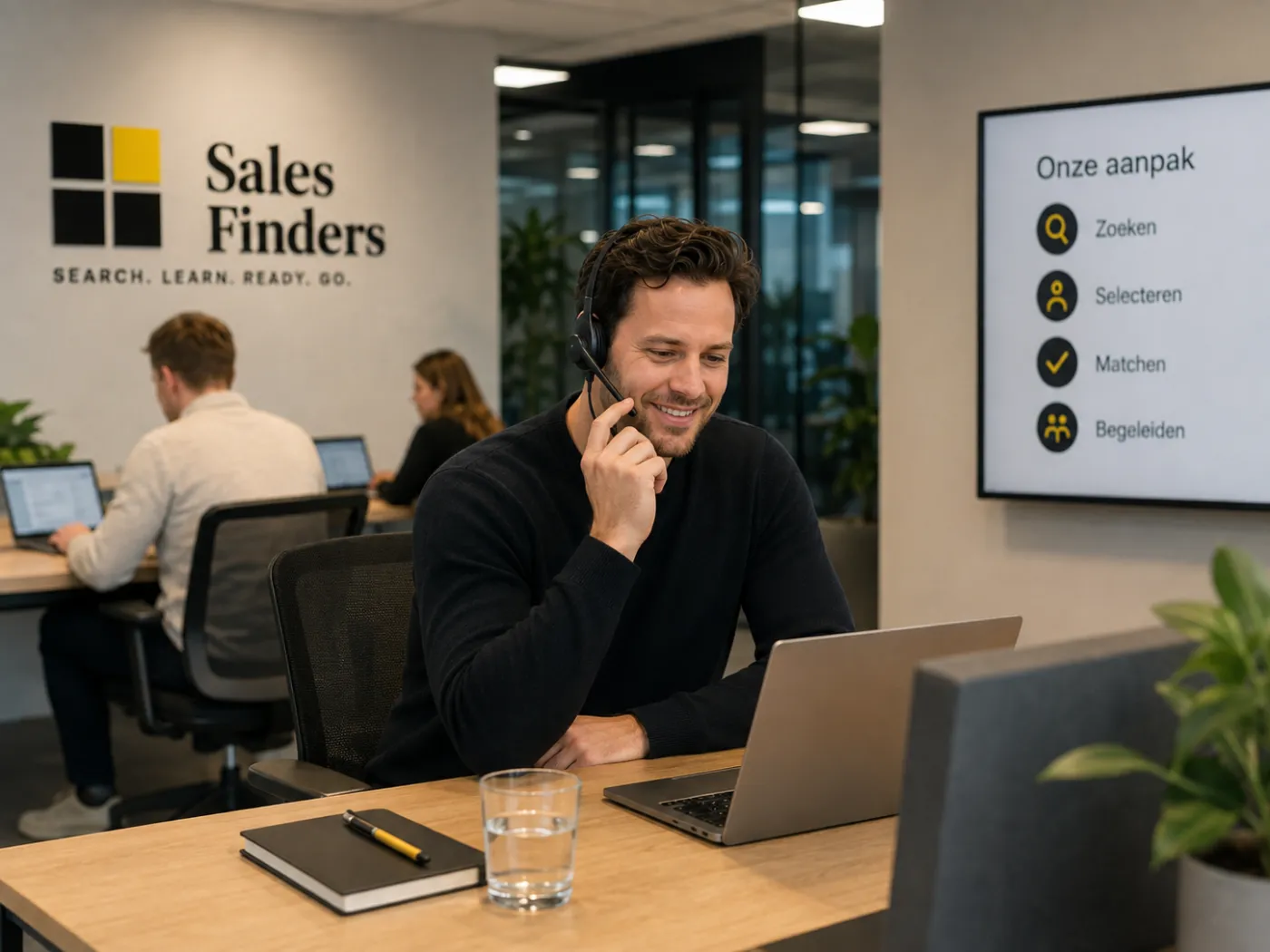Een consultant met headset voert een gesprek achter zijn laptop. Op het scherm aan de wand staat de aanpak van Sales Finders: zoeken, selecteren, matchen en begeleiden.