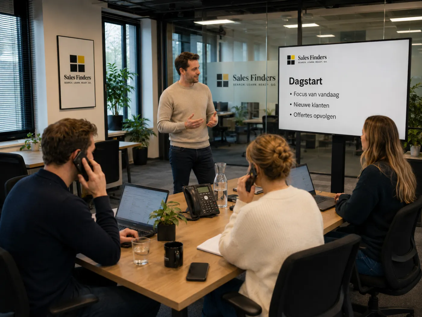 Een salesmanager staat voor het team tijdens de dagstart. Op het scherm staat de focus van vandaag: nieuwe klanten en offertes opvolgen.
