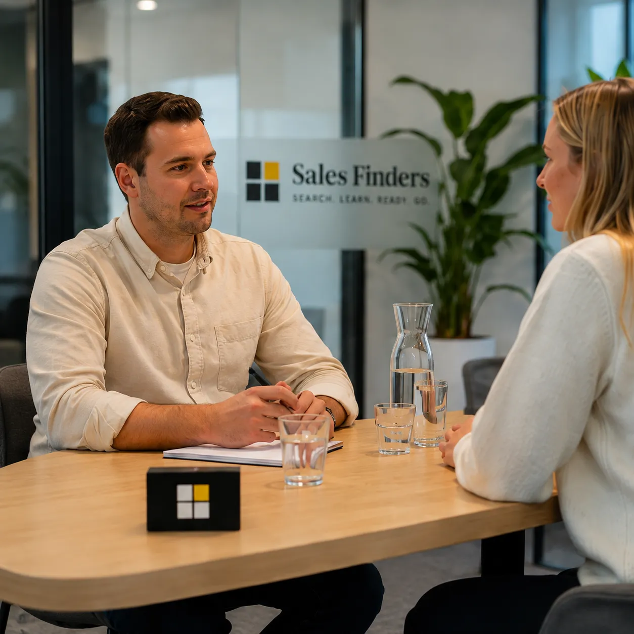 Een consultant van Sales Finders in gesprek met een kandidaat in de spreekkamer, met een karaf water op tafel. Vierkante uitsnede.