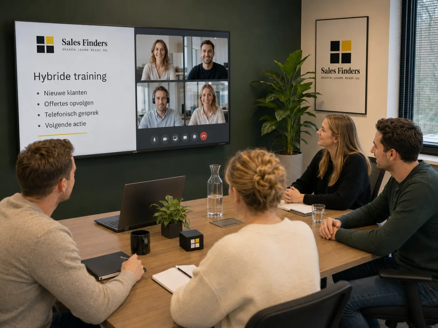 Vier deelnemers in de vergaderruimte kijken naar een scherm met vier collega’s die op afstand meedoen aan dezelfde training.