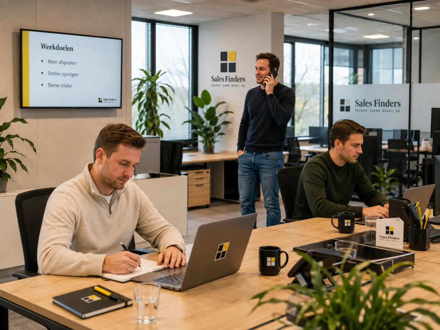 De kantoortuin van Sales Finders met drie medewerkers aan het werk. Op het scherm aan de wand staan de weekdoelen: meer afspraken, sneller opvolgen en een sterke intake.