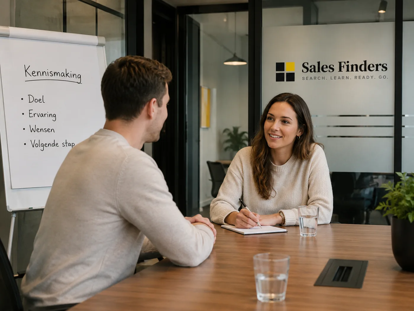 Een kennismakingsgesprek met zijn tweeen aan een vergadertafel, met de deur dicht en alleen een notitieblok op tafel.