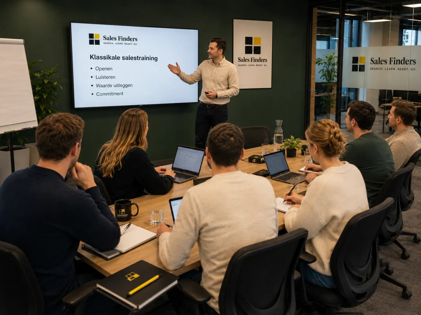 Een trainer geeft klassikale salestraining aan zes deelnemers rond de vergadertafel. Op het scherm staan de onderdelen: openen, luisteren, waarde uitleggen en commitment.