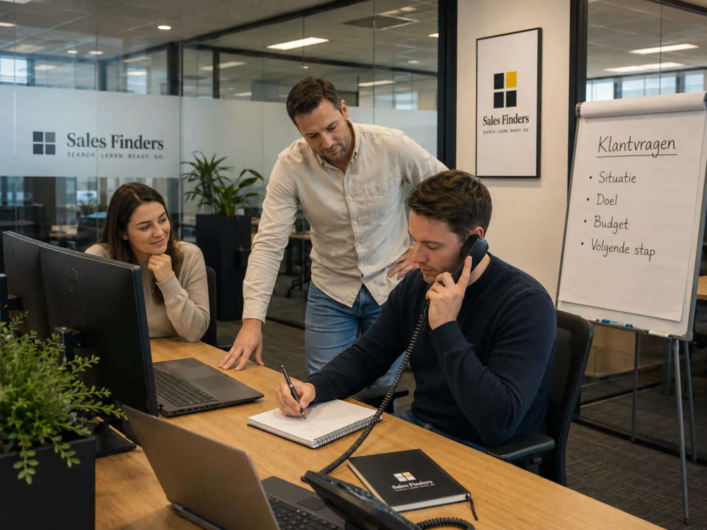 Een collega kijkt mee en schrijft mee terwijl een accountmanager een klant aan de telefoon heeft. Op de flip-over staan de vragen die in het gesprek terug moeten komen.