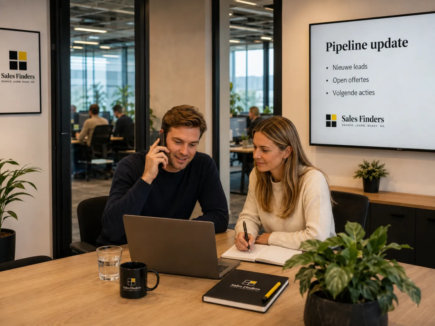 Een accountmanager belt een klant terwijl een collega naast hem de openstaande offertes bijhoudt in haar notitieboek.