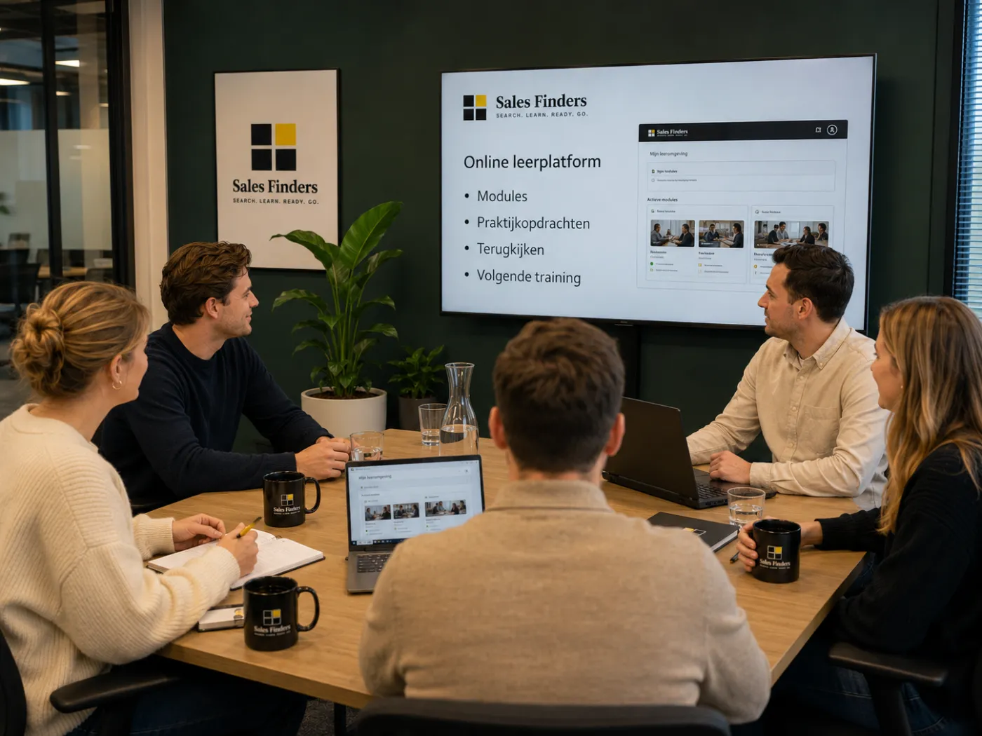 Vijf deelnemers bekijken samen het online leerplatform op een groot scherm, met de modules en de eerstvolgende training in beeld.