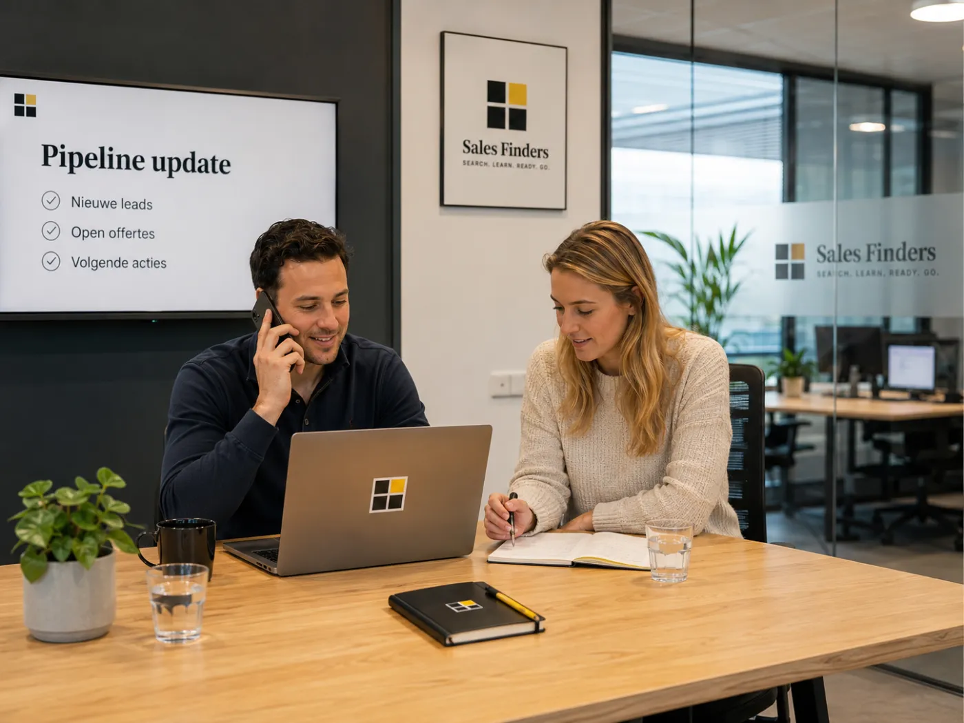 Een accountmanager belt terwijl een collega meeschrijft. Op het scherm staat de pijplijnupdate met nieuwe leads, open offertes en volgende acties.