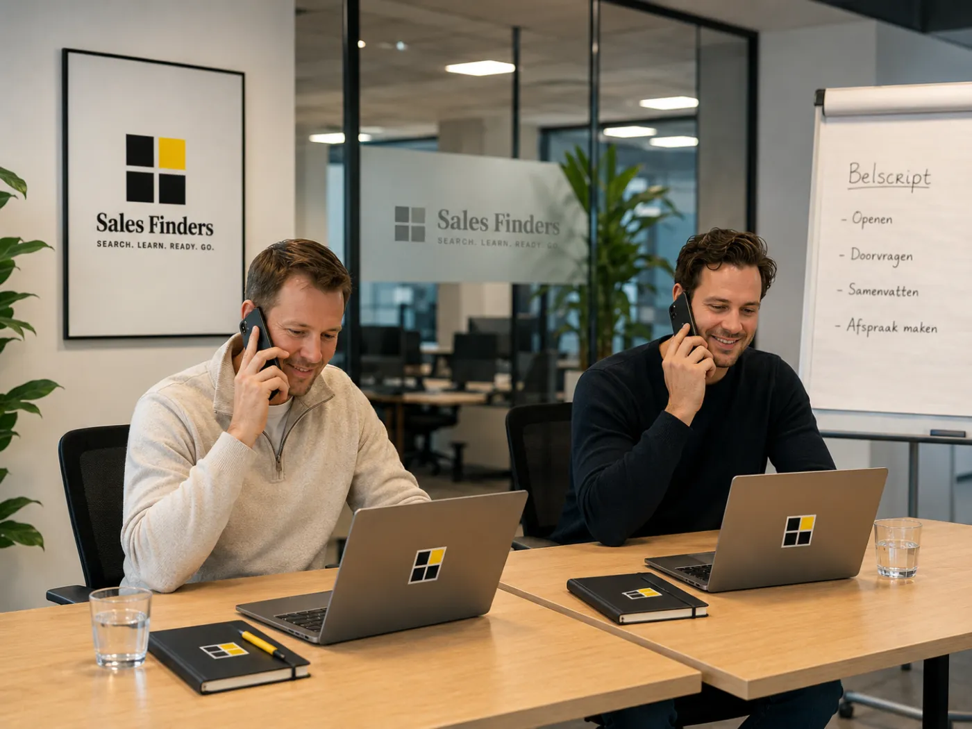 Twee qualifiers bellen naast elkaar met de telefoon aan het oor. Op de flip-over achter hen staat het belscript: openen, doorvragen, samenvatten, afspraak maken.