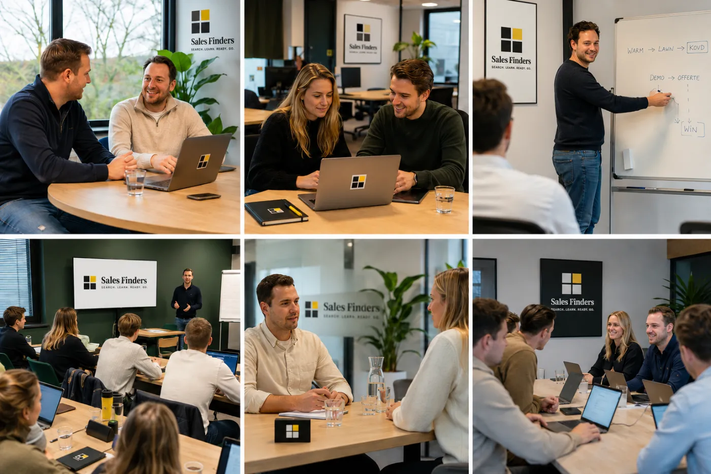 Zes foto’s naast elkaar uit het kantoor van Sales Finders: een intakegesprek, twee collega’s achter een laptop, een trainer bij het whiteboard, een klassikale training, een kennismaking en een teamoverleg.