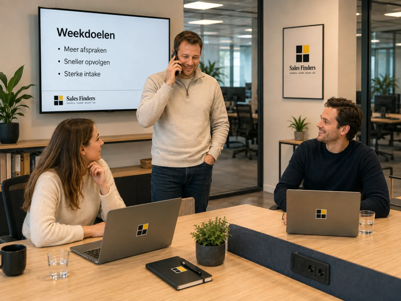 Een salesmanager belt staand terwijl twee teamleden aan tafel meeluisteren. Op het scherm staan de weekdoelen van het team.