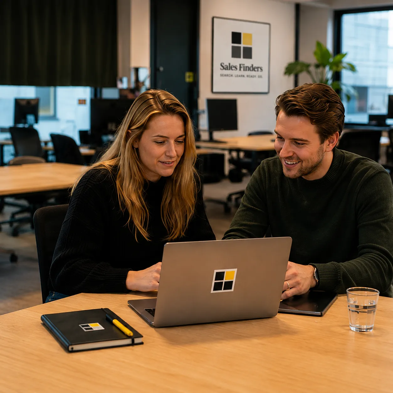 Een recruiter en een consultant kijken samen naar een laptop en nemen kandidaten door. Vierkante uitsnede.