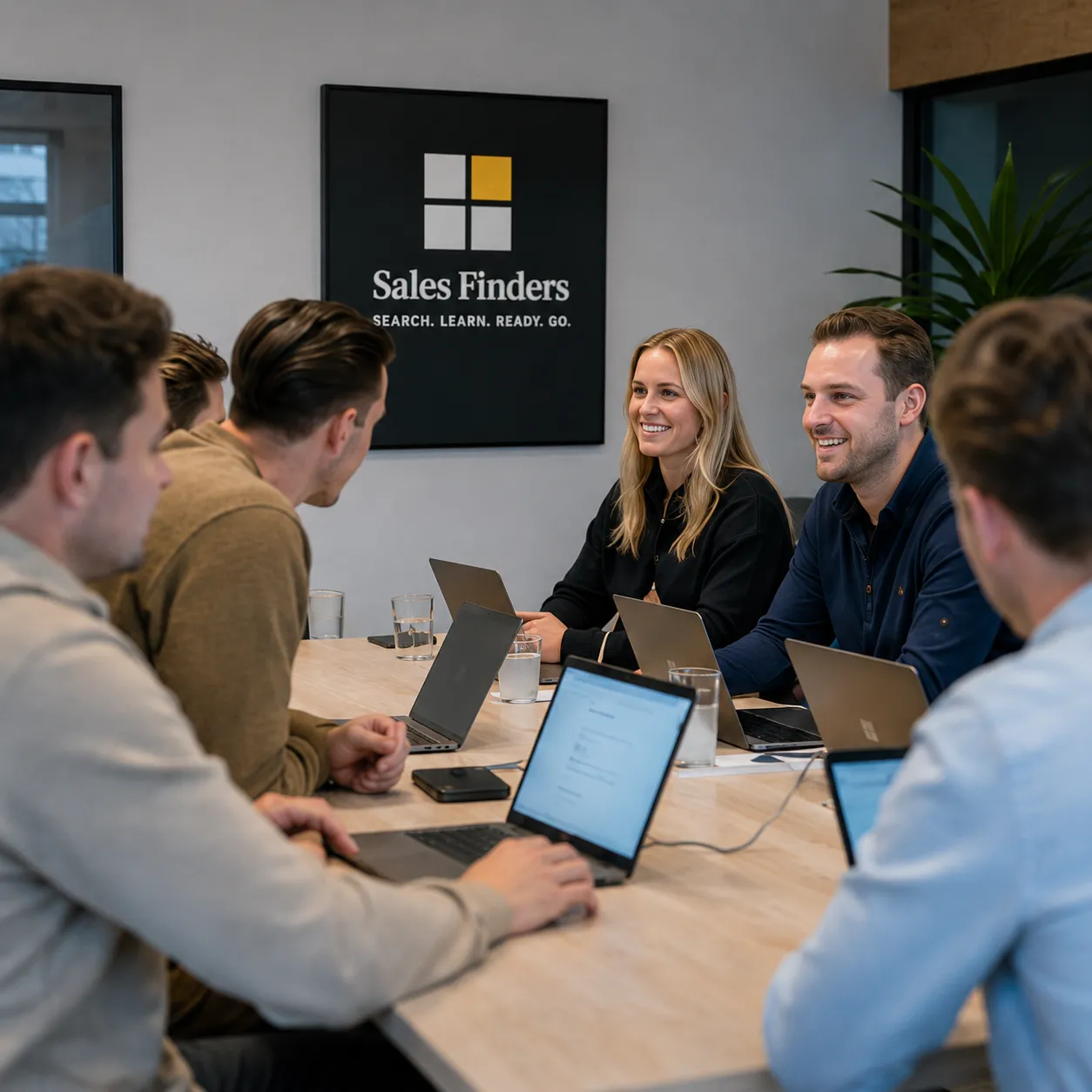 Zes collega’s van Sales Finders in overleg aan de grote vergadertafel, allemaal met een laptop voor zich. Vierkante uitsnede.
