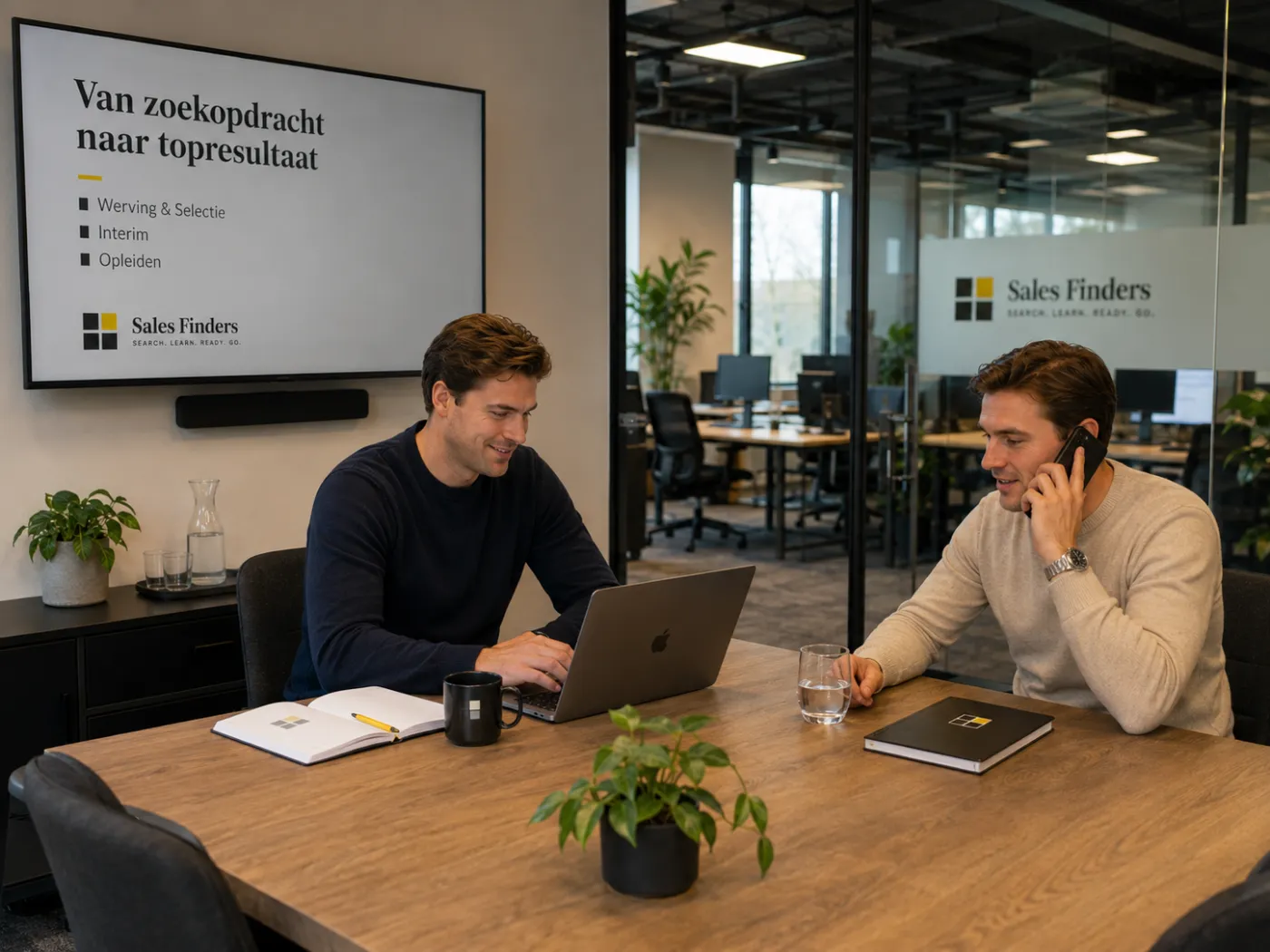 Twee consultants werken aan een zoekopdracht, een van hen aan de telefoon. Op het scherm staan de routes werving en selectie, interim en opleiden.
